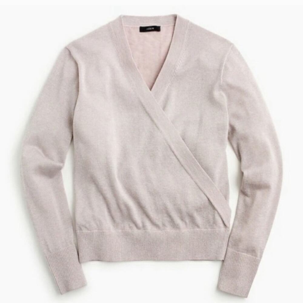 J Crew Shimmer‎ Lurex Wrap Surplice Sweater Top Pink Metallic Wool Blend Small